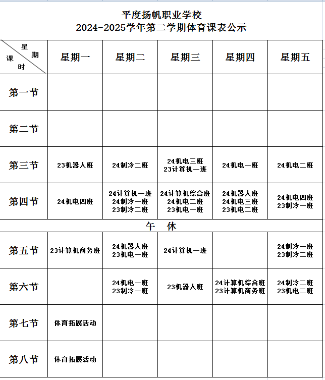 平度扬帆职业学校2024-2025学年第二学期体育课表公示.png
