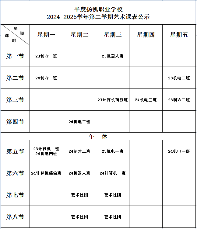 平度扬帆职业学校2024-2025学年第二学期艺术课表公示.png